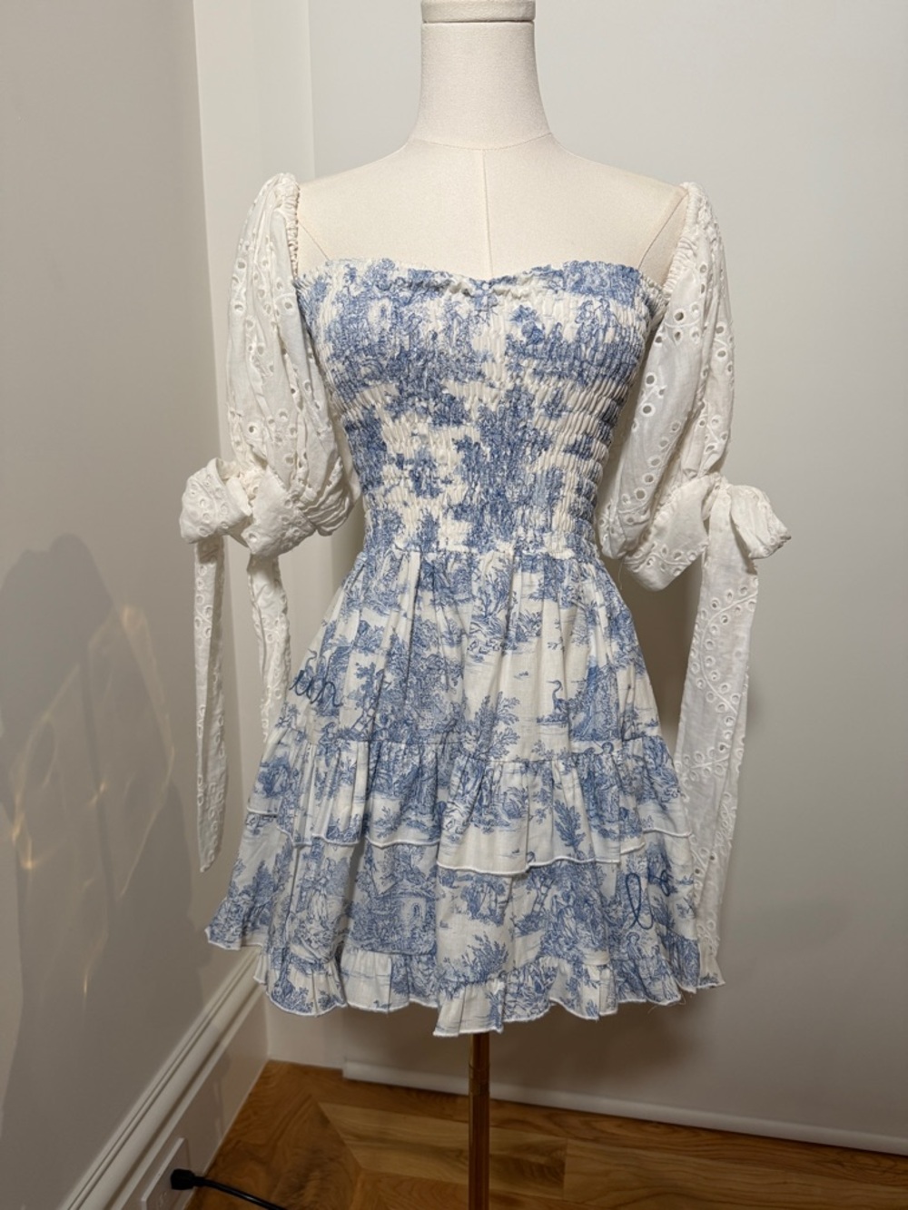 Smocked Blue Toile Mini Dress with Puff Eyelet Sleeves